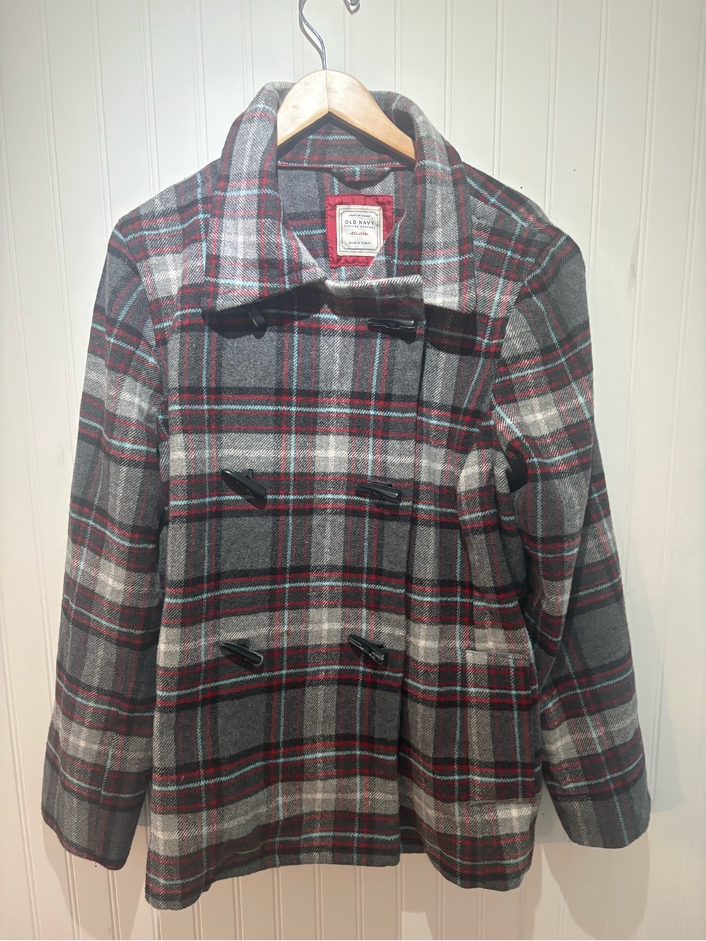 Old Navy Gray Plaid Pea Coat with Red and Teal Accents